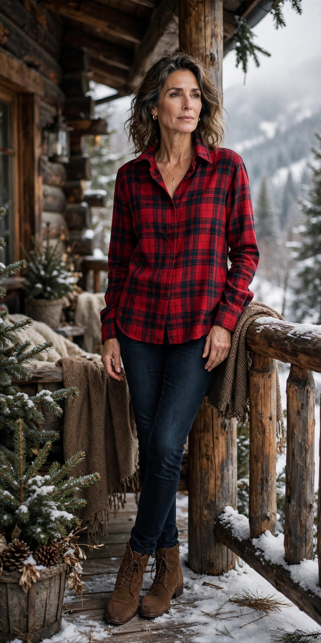 Woman over 50 in a red plaid flannel shirt and dark jeans on a rustic lodge porch