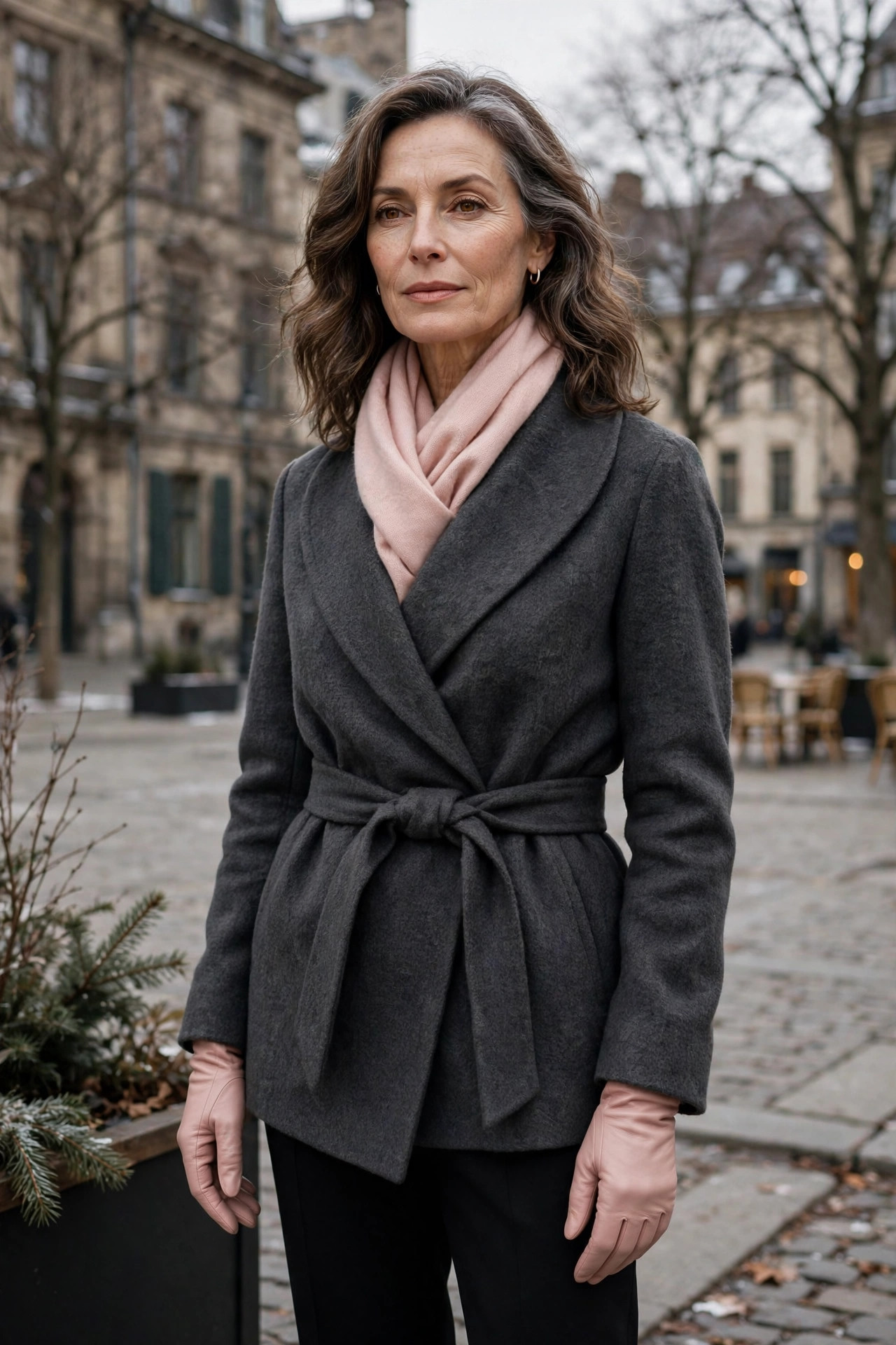 Woman over 50 in a charcoal wrap coat with blush pink scarf and gloves