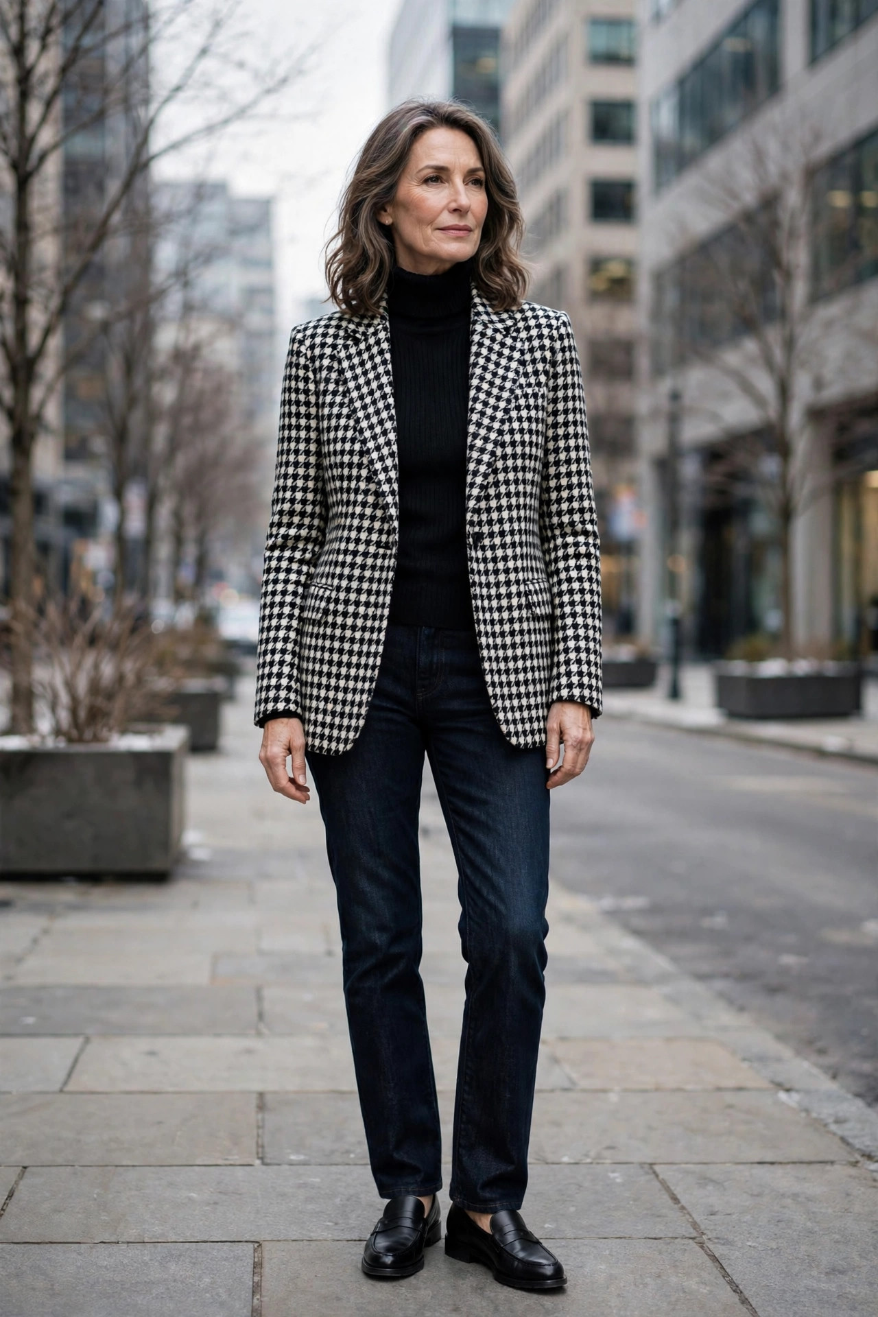 Woman over 50 in a houndstooth blazer and black turtleneck on an office-district street