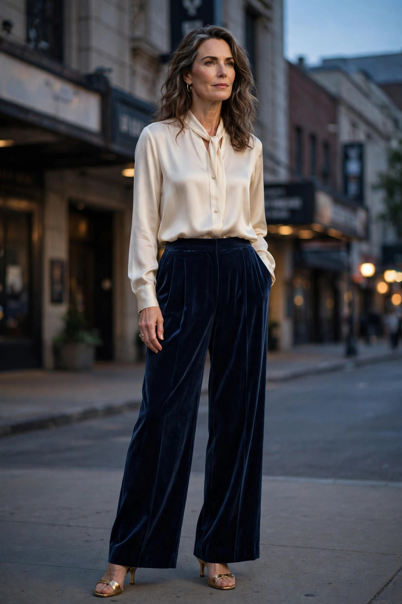 Woman over 50 in navy velvet pants and a cream silk blouse in a theater district