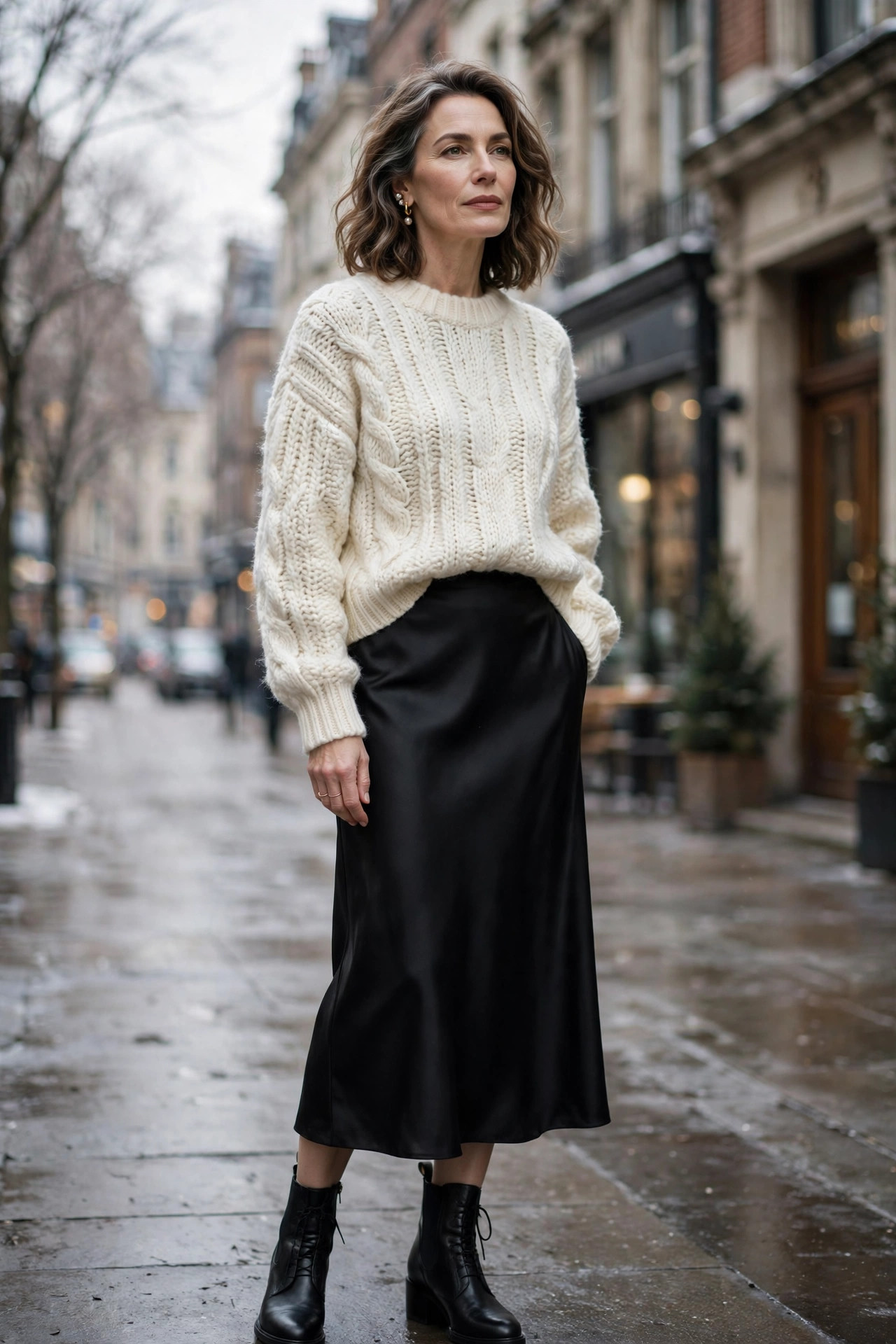 Woman over 50 in a black satin slip skirt and chunky ivory knit on a winter street
