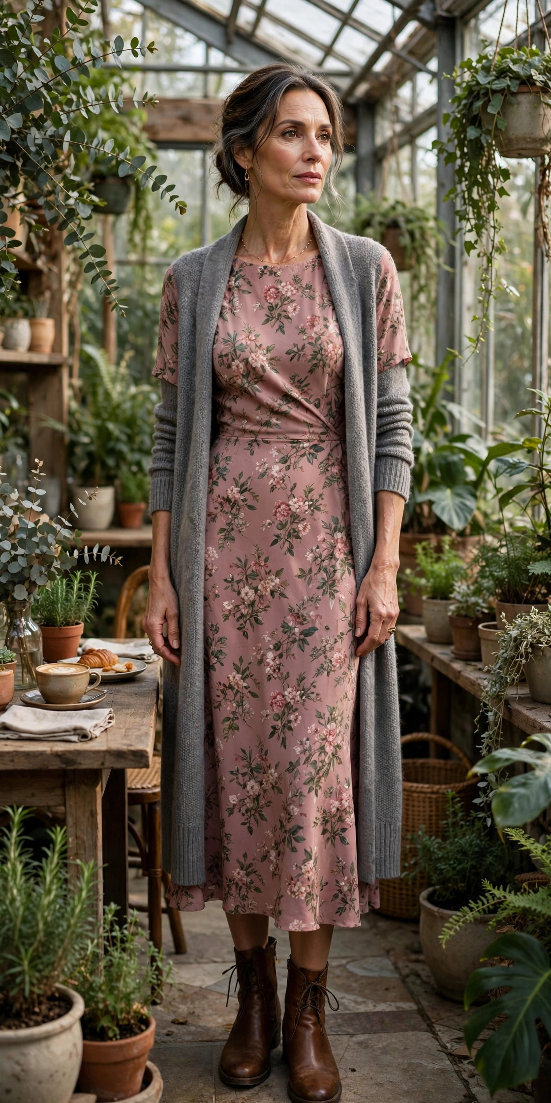 Woman over 50 in a dusty rose floral midi dress and gray cardigan in a greenhouse cafe