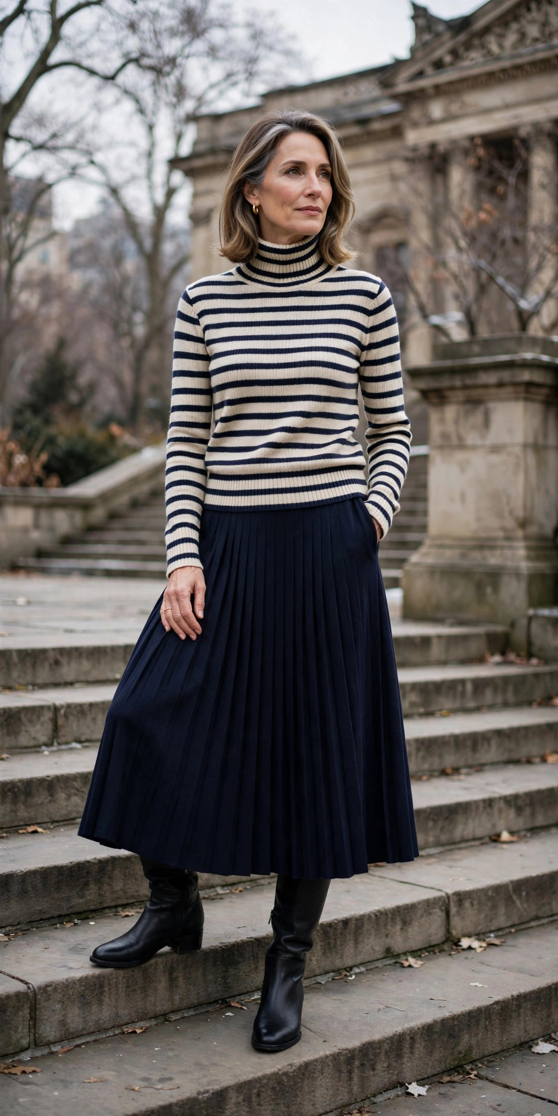 Woman over 50 in a striped turtleneck and navy pleated midi skirt at a museum