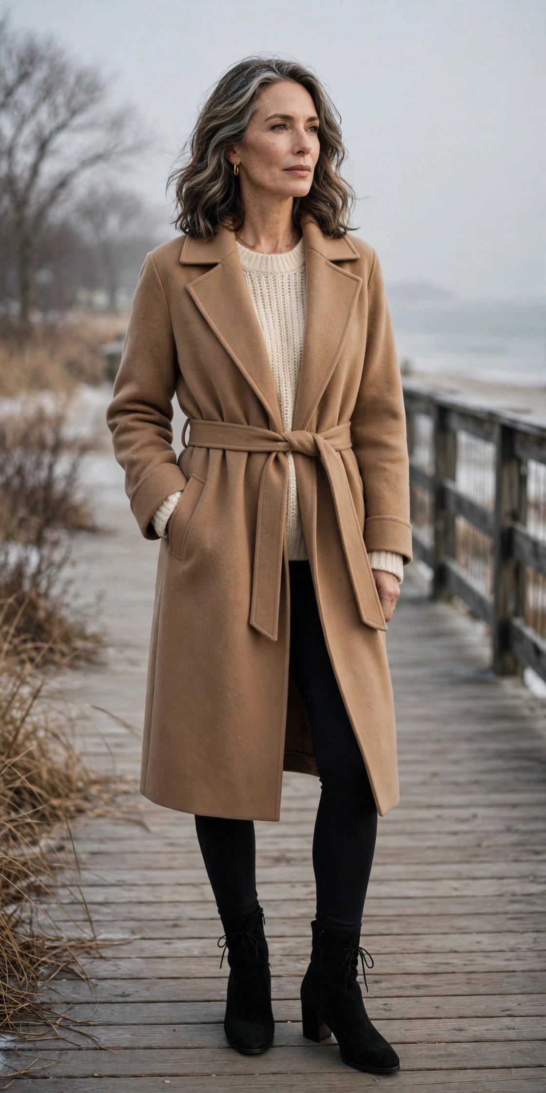 Woman over 50 in a camel belted robe coat over a cream knit on a winter boardwalk