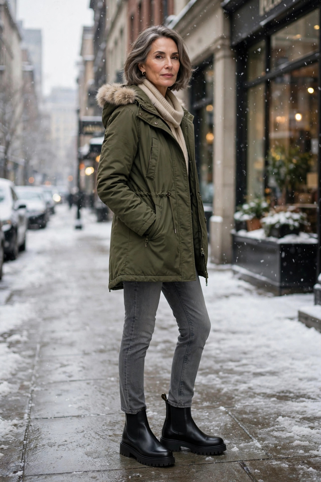 Woman over 50 in an olive parka, gray jeans, and lug-sole Chelsea boots on a snowy street