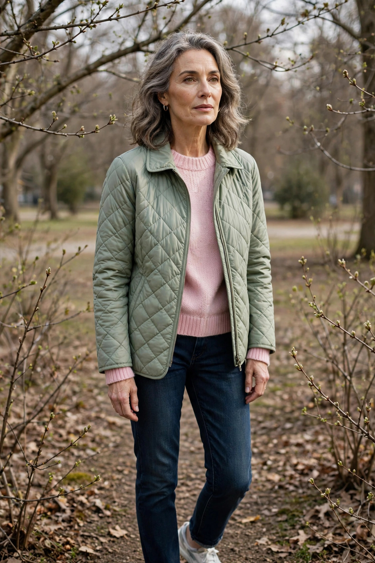 Woman over 50 in a sage quilted jacket and pastel pink knit in a late-winter park