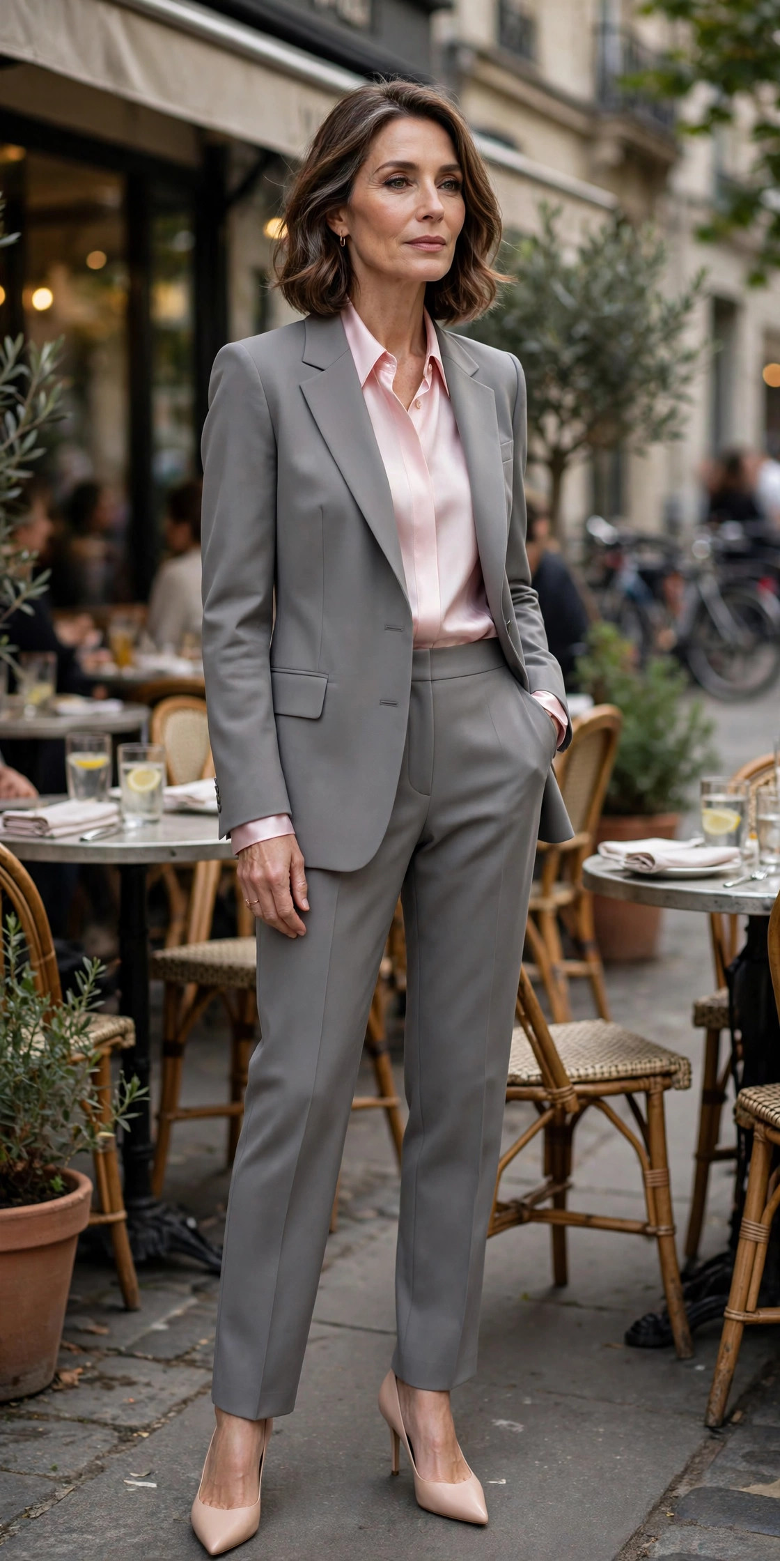 Woman over 50 in a dove gray suit with a pale pink silk shirt on a city street