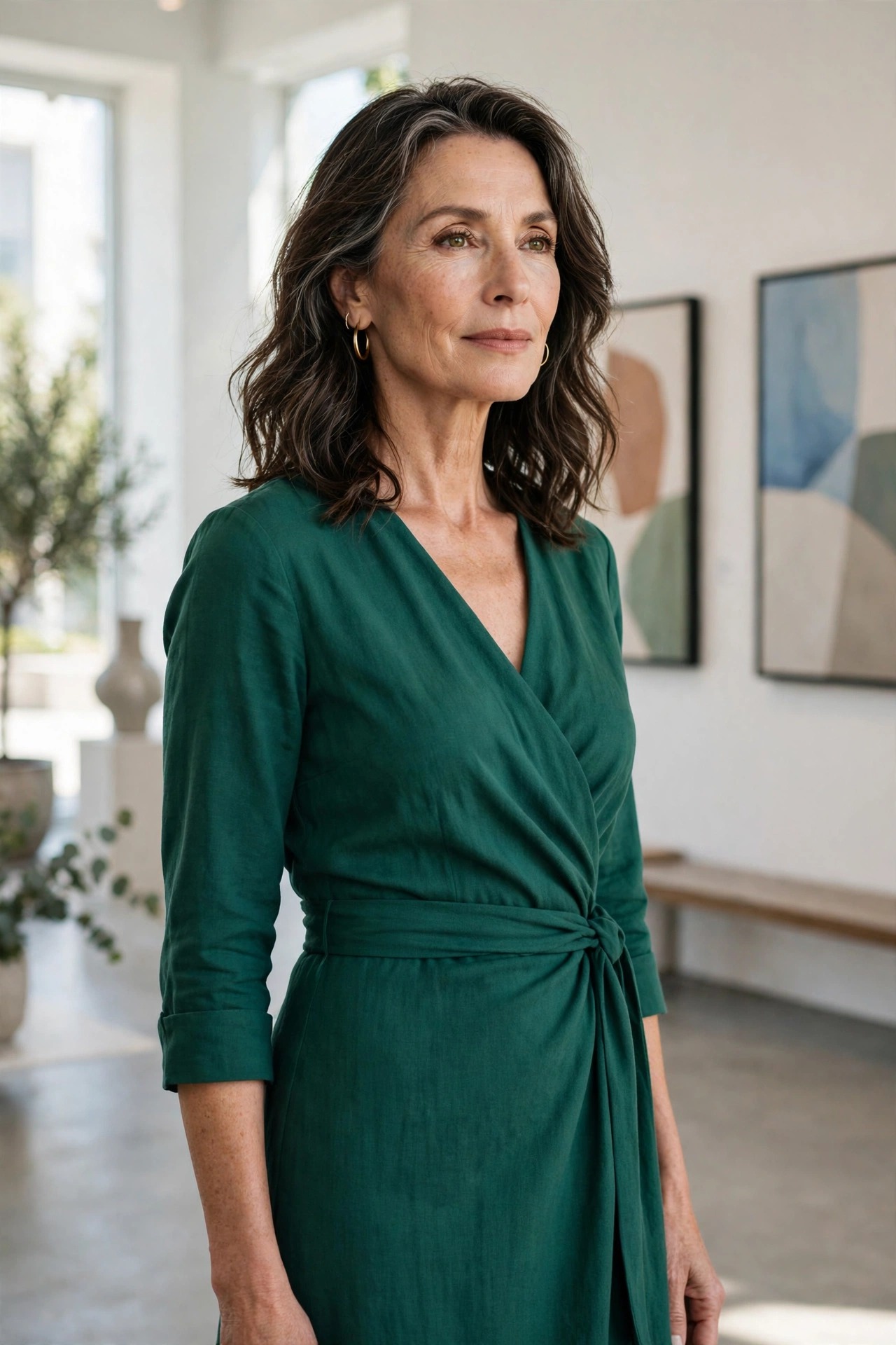 Woman in her 50s wearing a solid emerald-green wrap midi dress