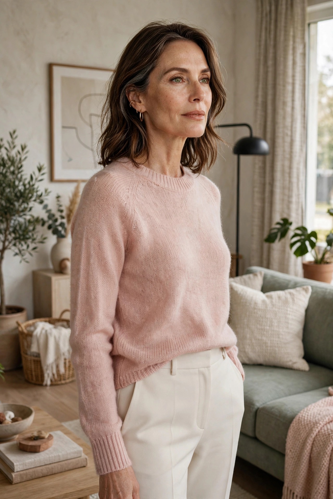 Woman in her 50s in a blush fine-knit sweater and cream trousers