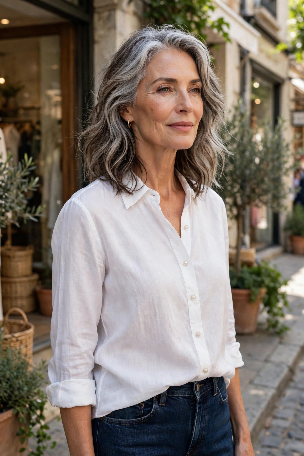 Woman in her 50s wearing a white pearl-button blouse with dark jeans