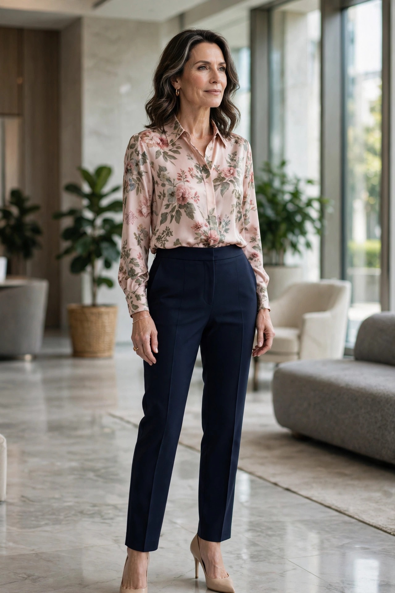 Woman in her 50s in a floral silk blouse and tailored navy trousers