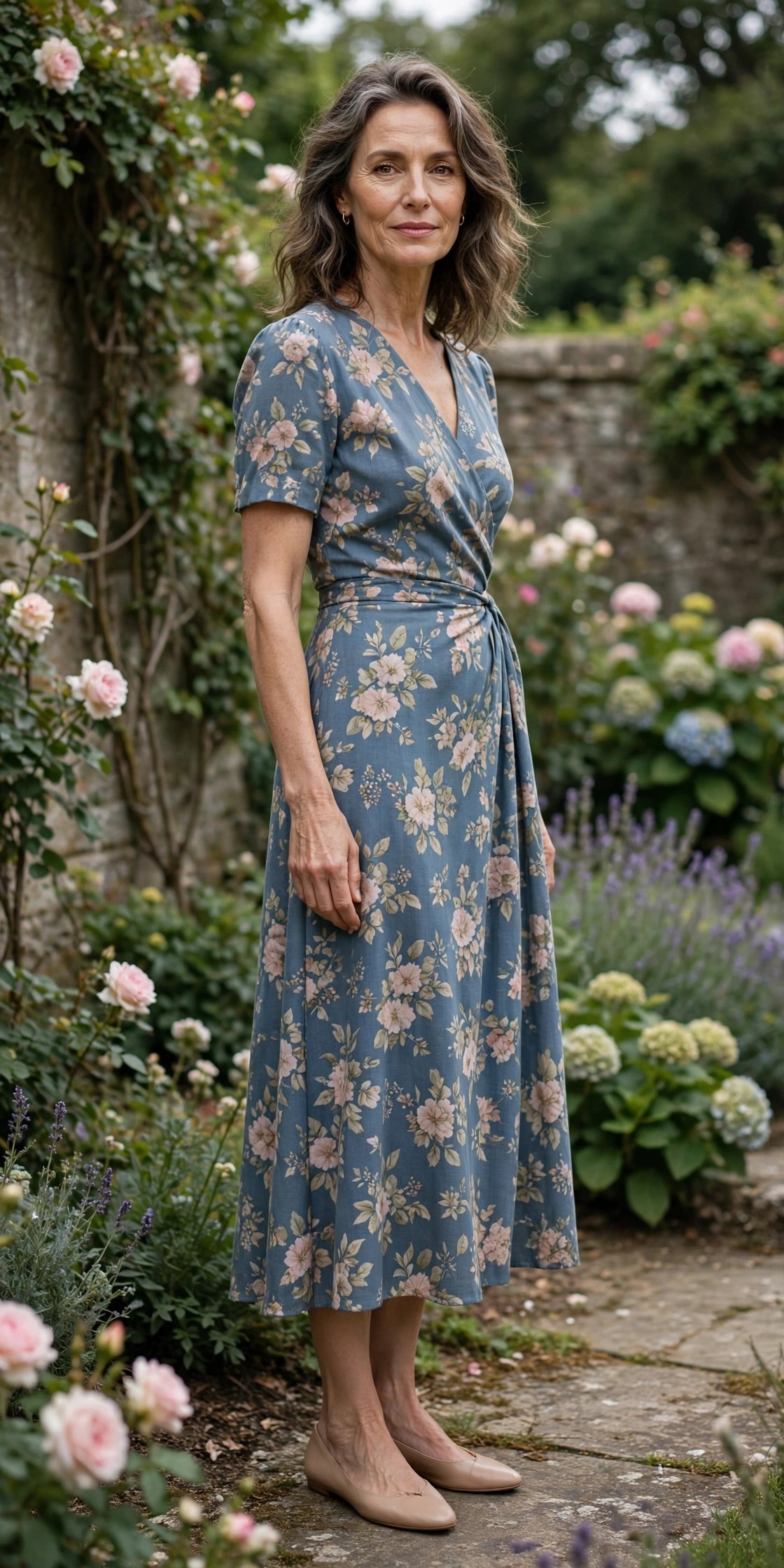 Woman in her 50s wearing a muted dusty-blue floral midi dress