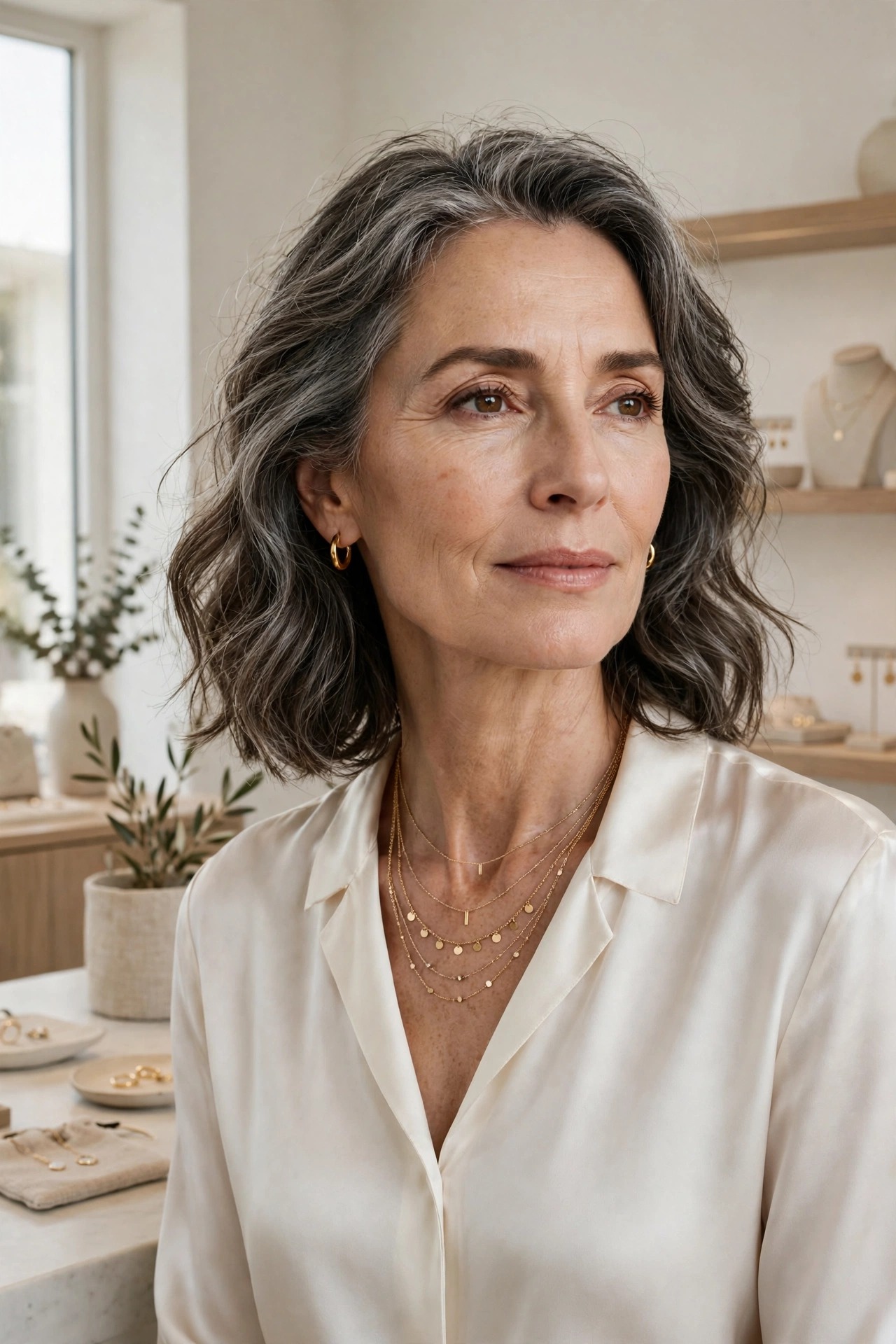 Woman in her 50s in an ivory silk top with delicate layered gold necklaces