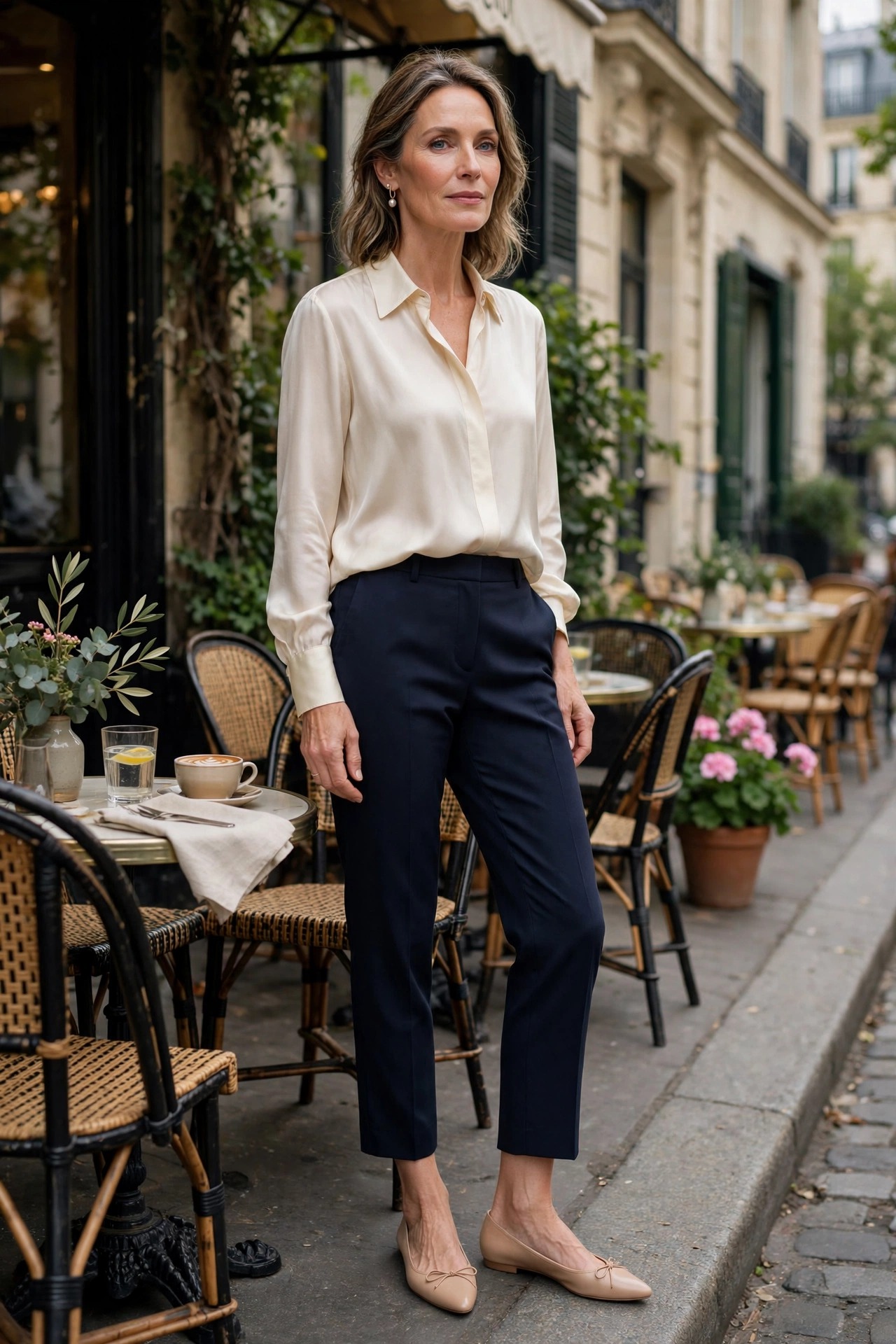 Woman in her 50s wearing cropped navy trousers with nude ballet flats