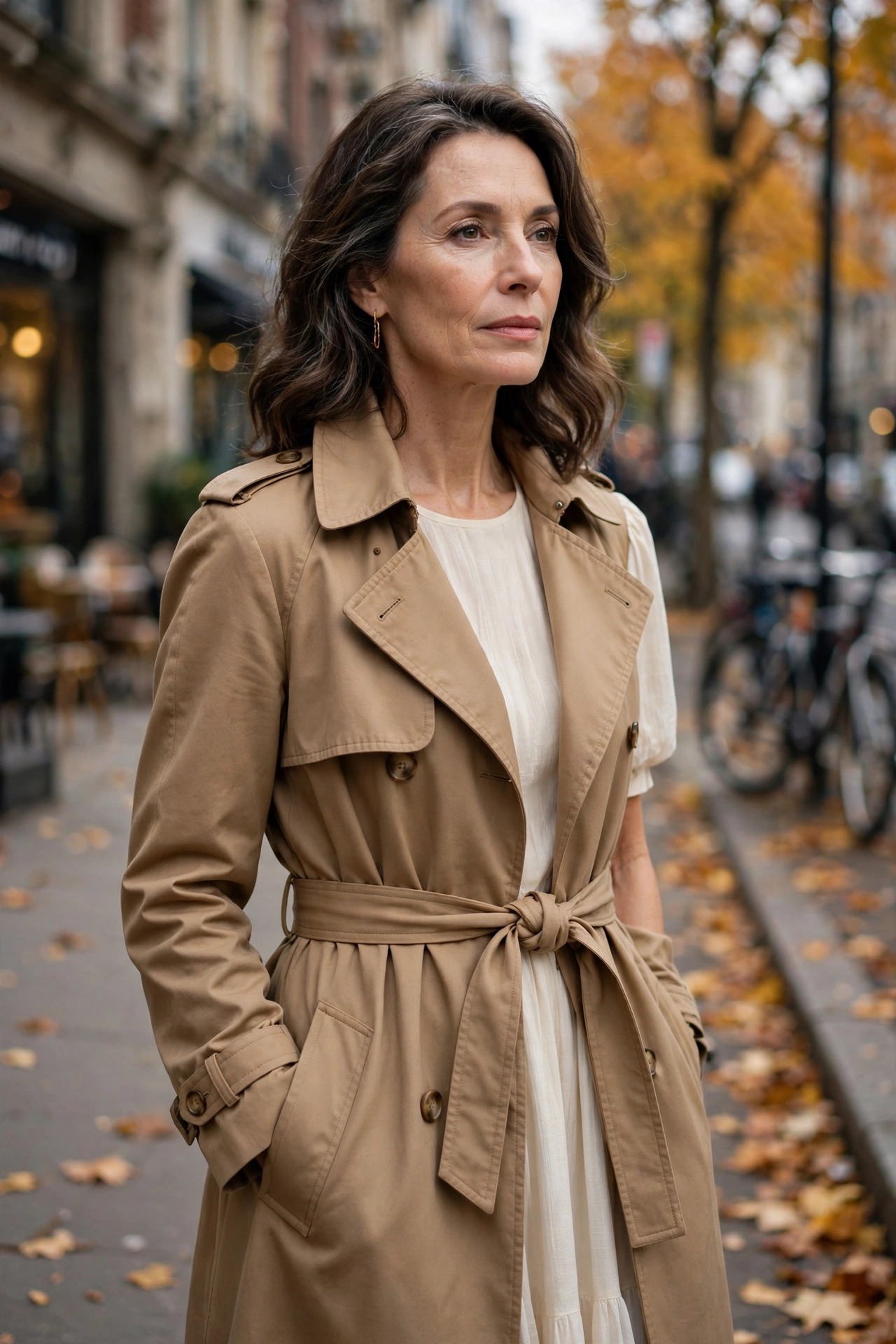 Woman in her 50s in a belted camel trench coat over a cream dress