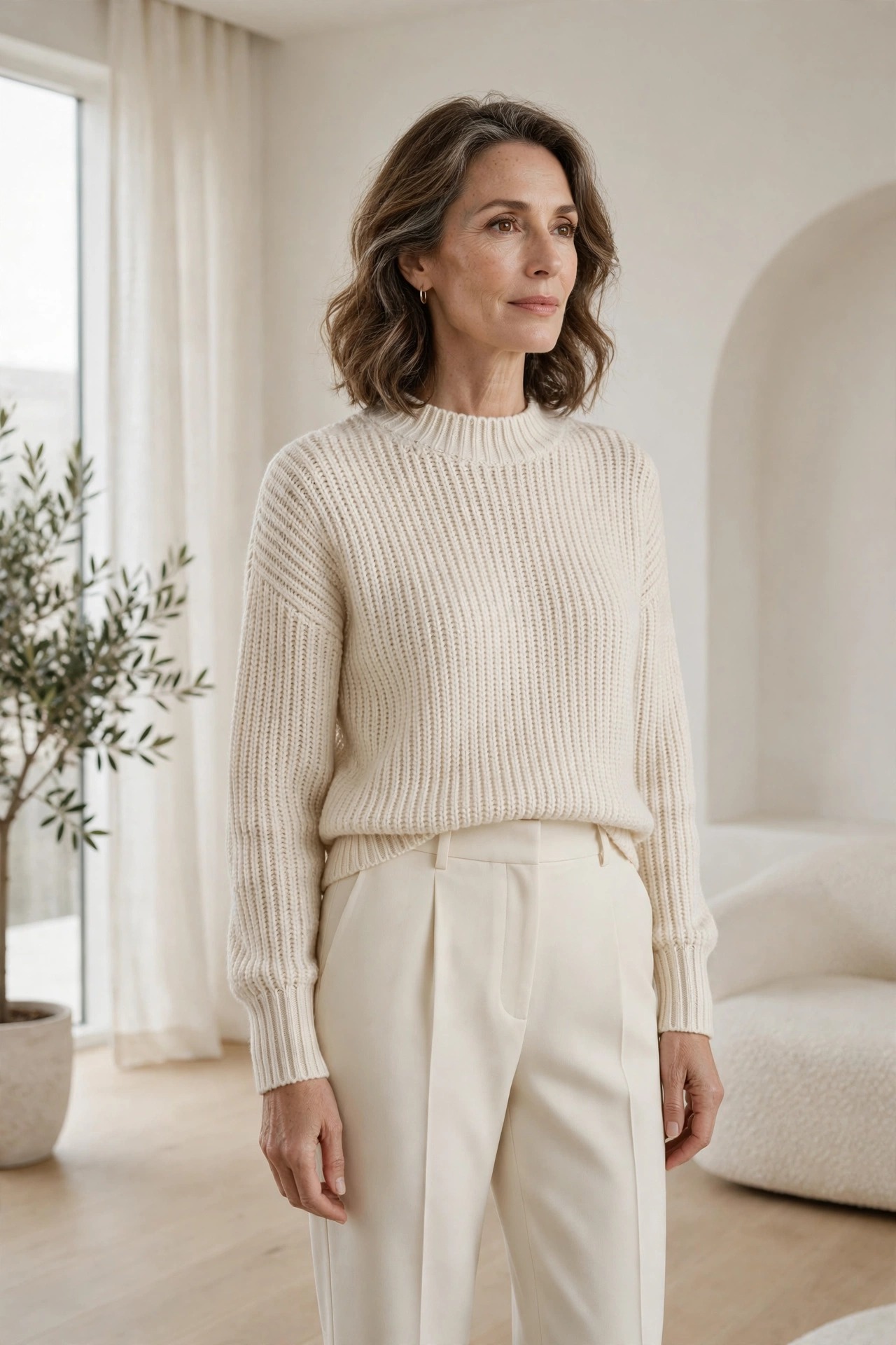 Woman in her 50s wearing a cream monochrome knit top and trousers