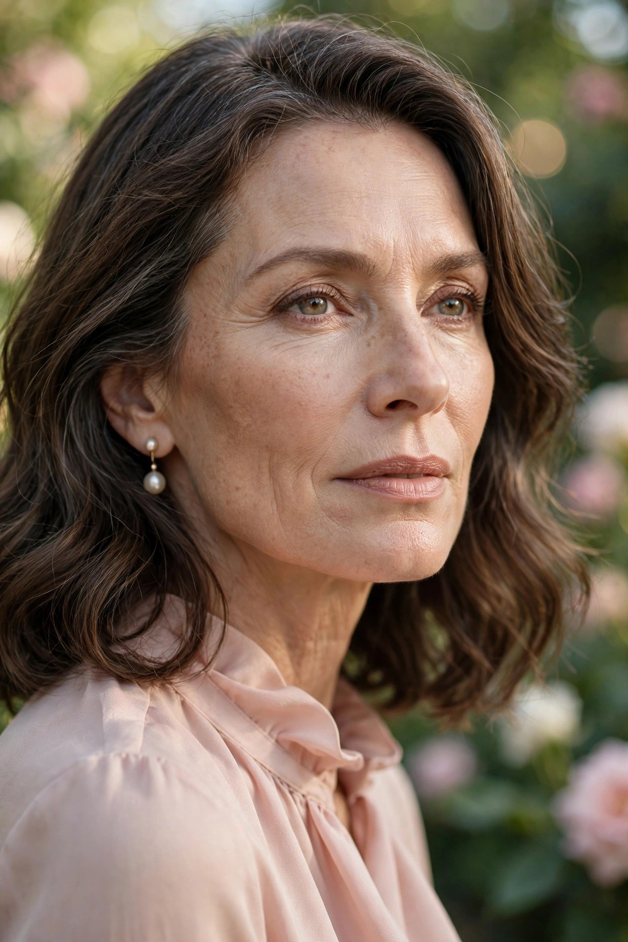 Woman in her 50s in a soft blush blouse with pearl earrings