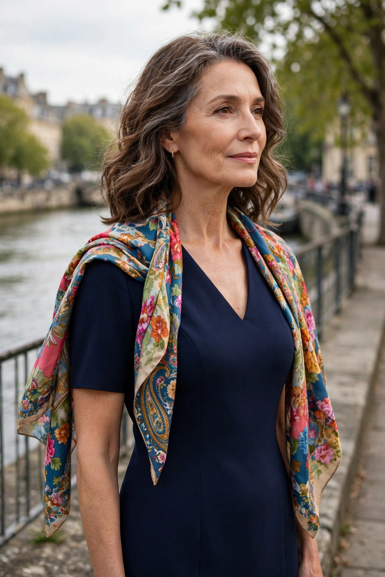 Woman in her 50s in a navy dress with a colorful silk scarf draped on shoulders