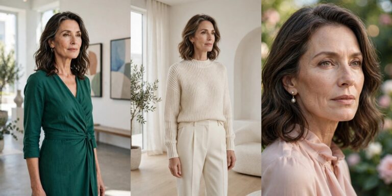 Feminine outfits for women over 50: emerald wrap dress, cream monochrome, blush blouse