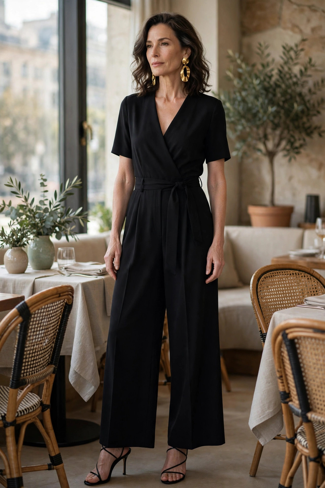 Woman over 50 wearing a black wide-leg jumpsuit with gold statement earrings