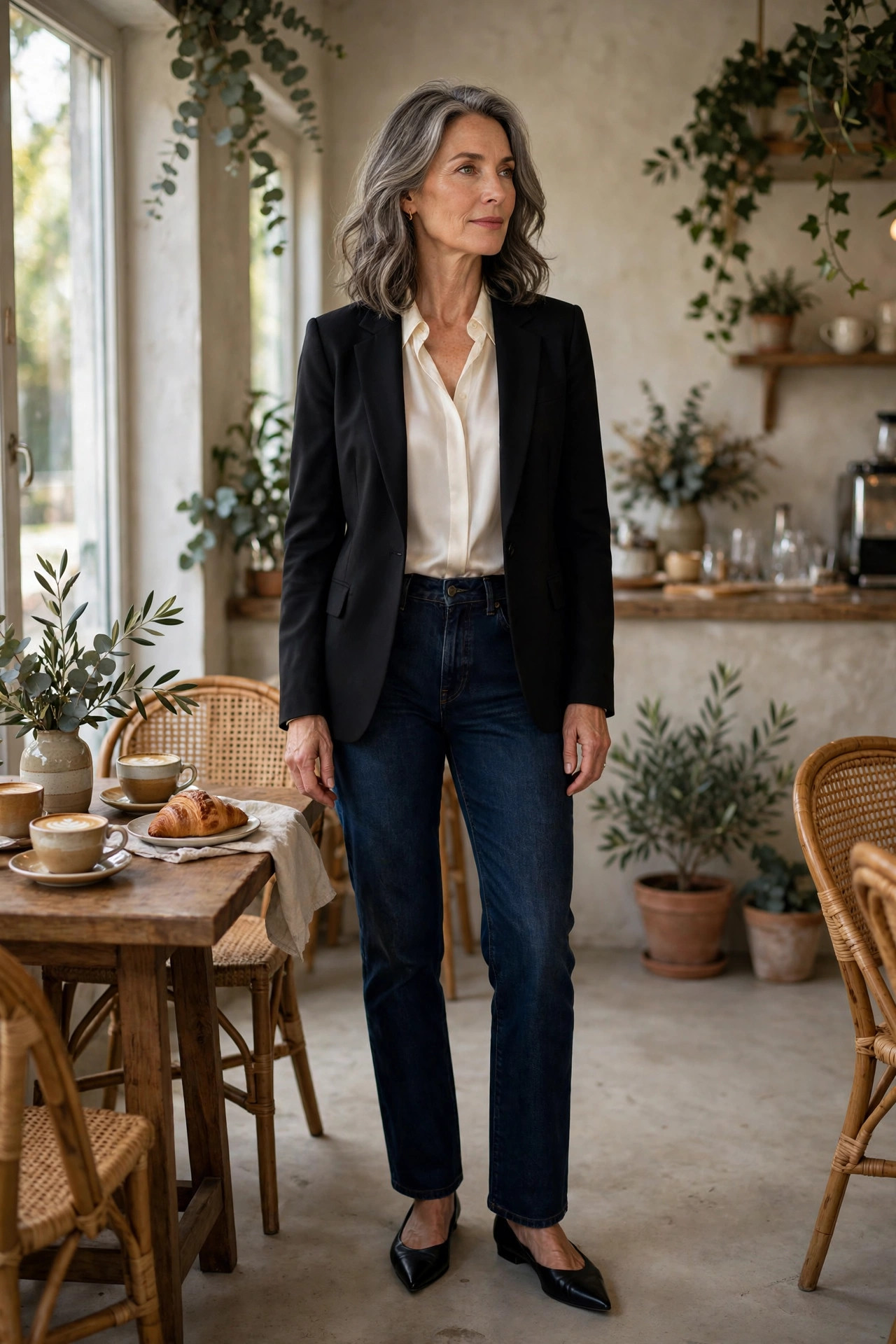 Woman over 50 in dark jeans with ivory silk blouse and black blazer at a cafe