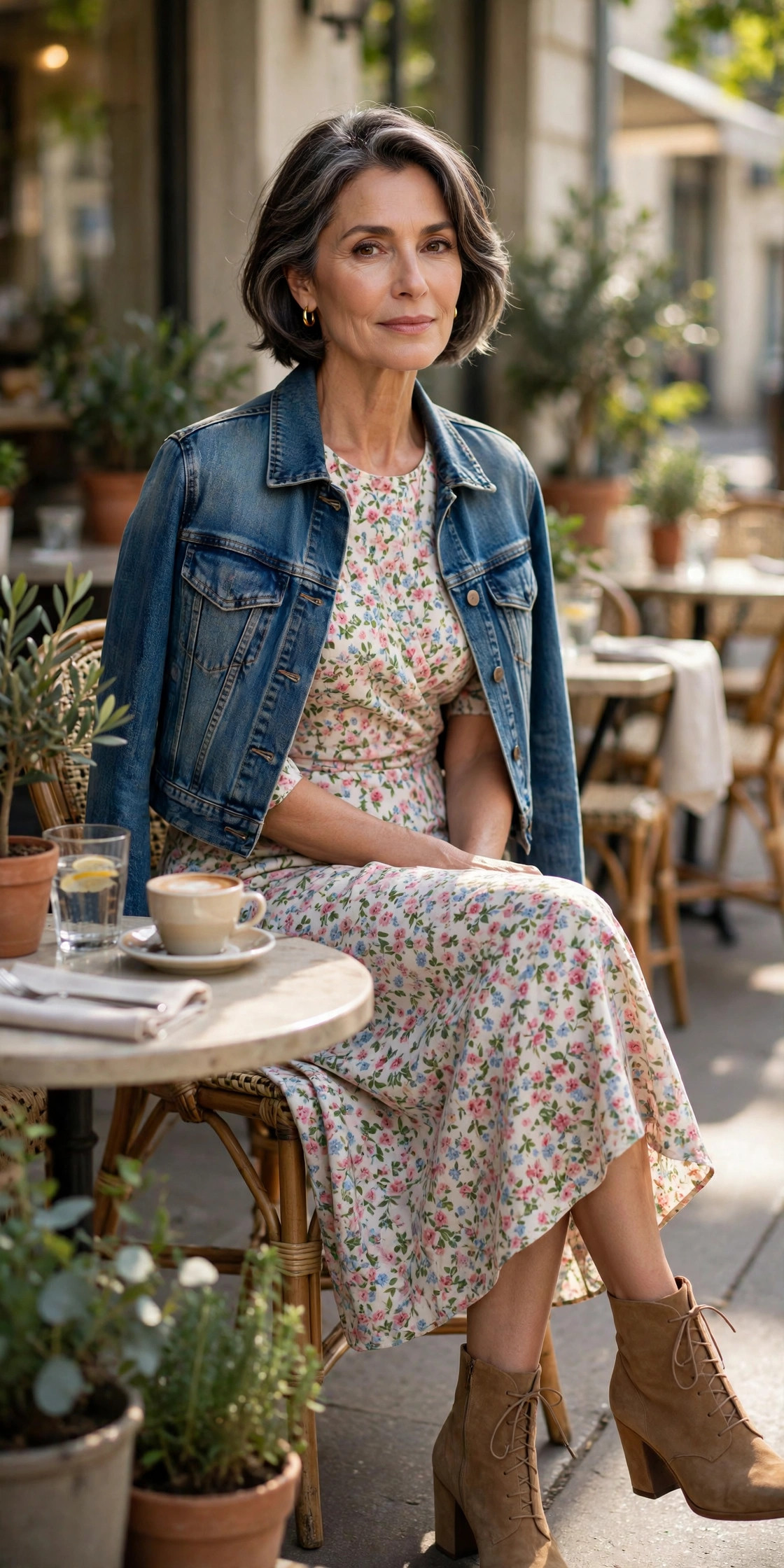 Woman over 50 in a floral midi dress with denim jacket and tan ankle boots