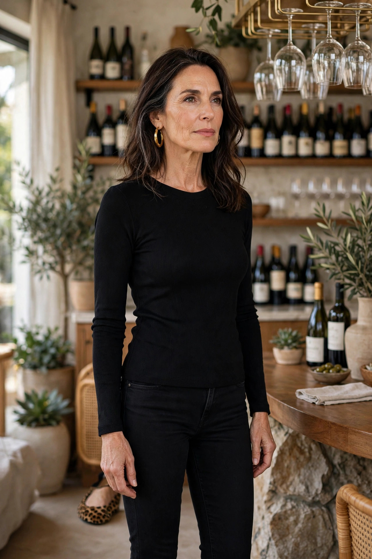 Woman over 50 in black jeans and black top with leopard flats at a wine bar