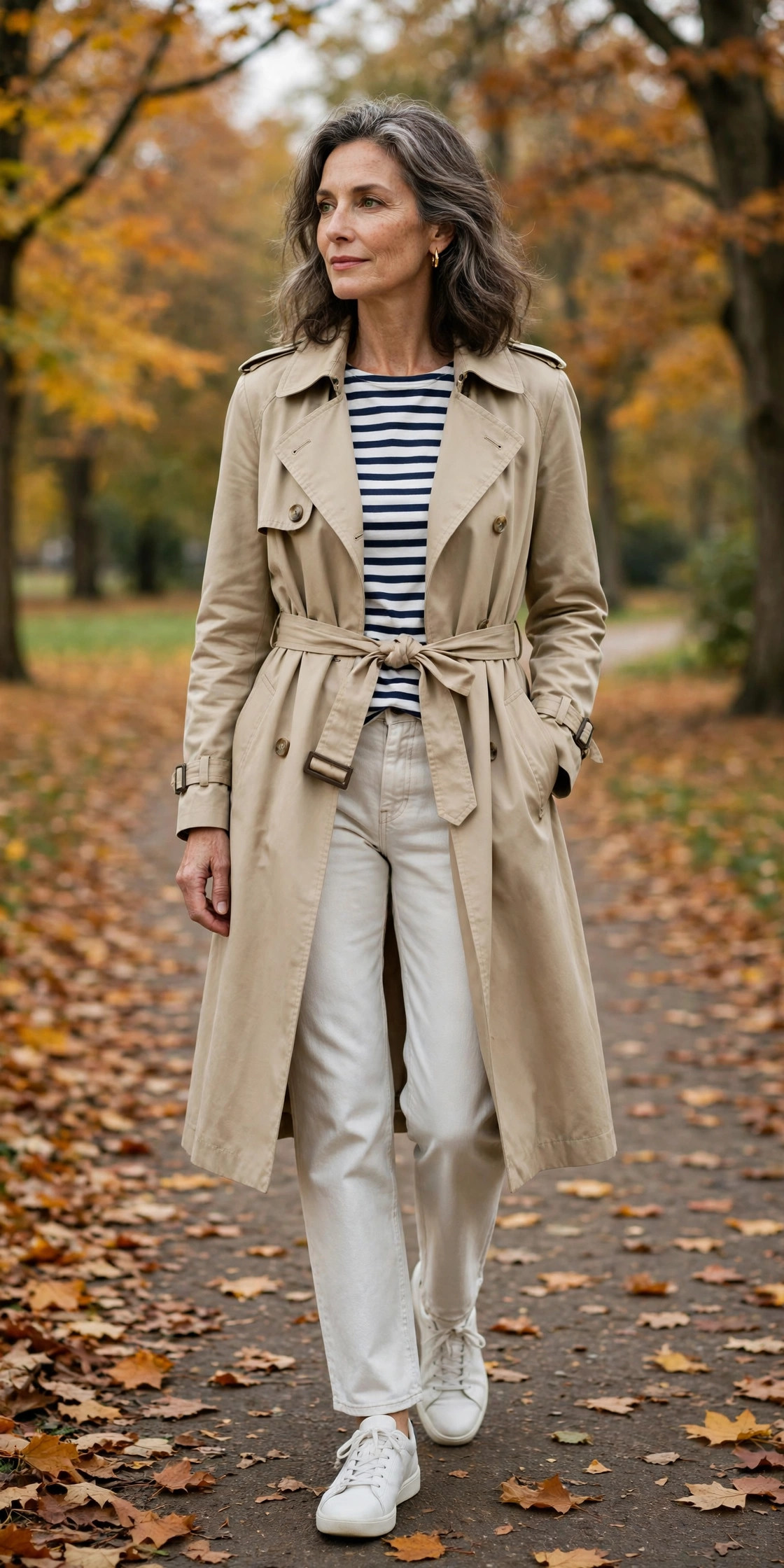 Woman over 50 in ecru jeans with Breton top and trench coat on a park path