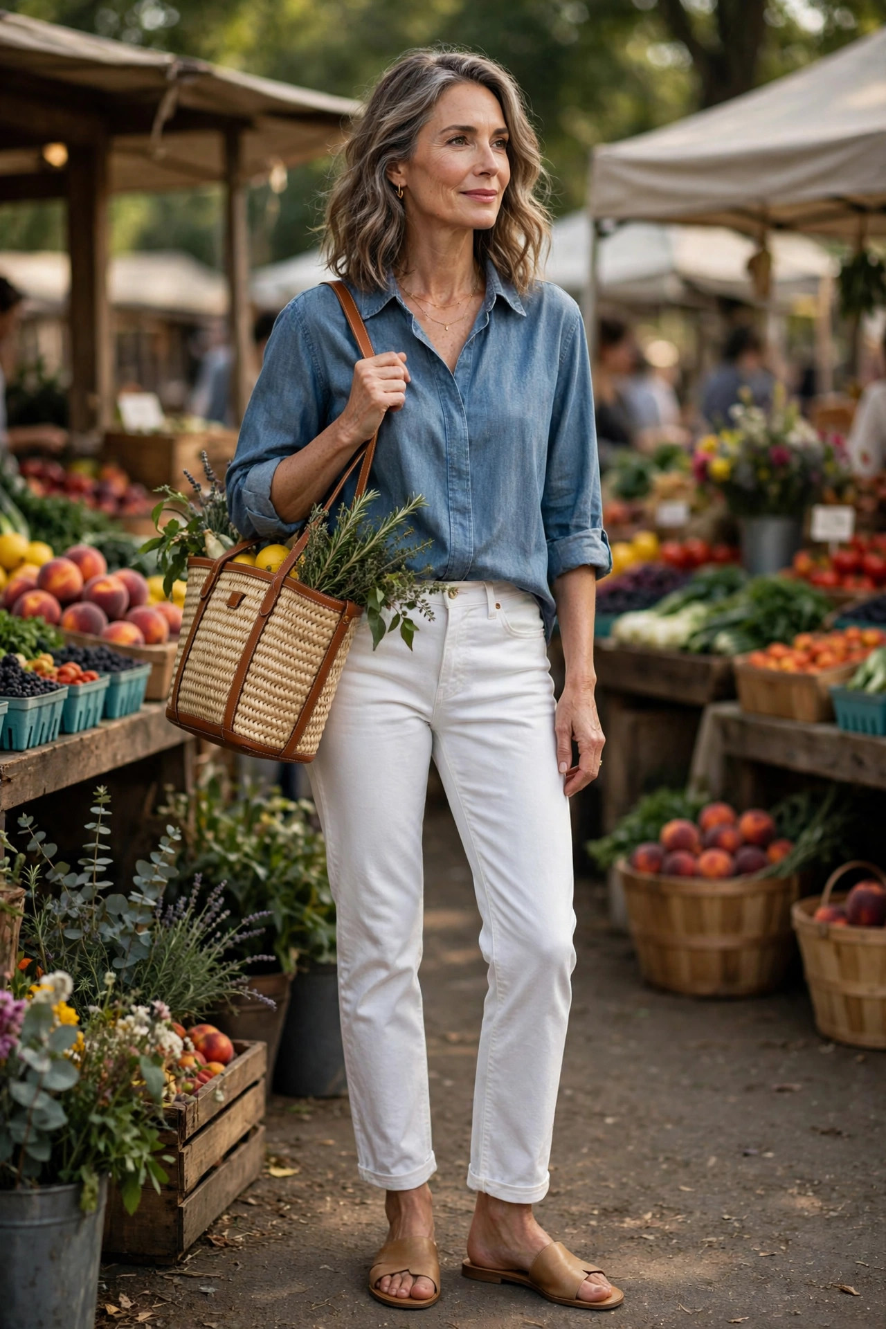 Woman over 50 in white jeans and chambray shirt with woven tote at a farmers market