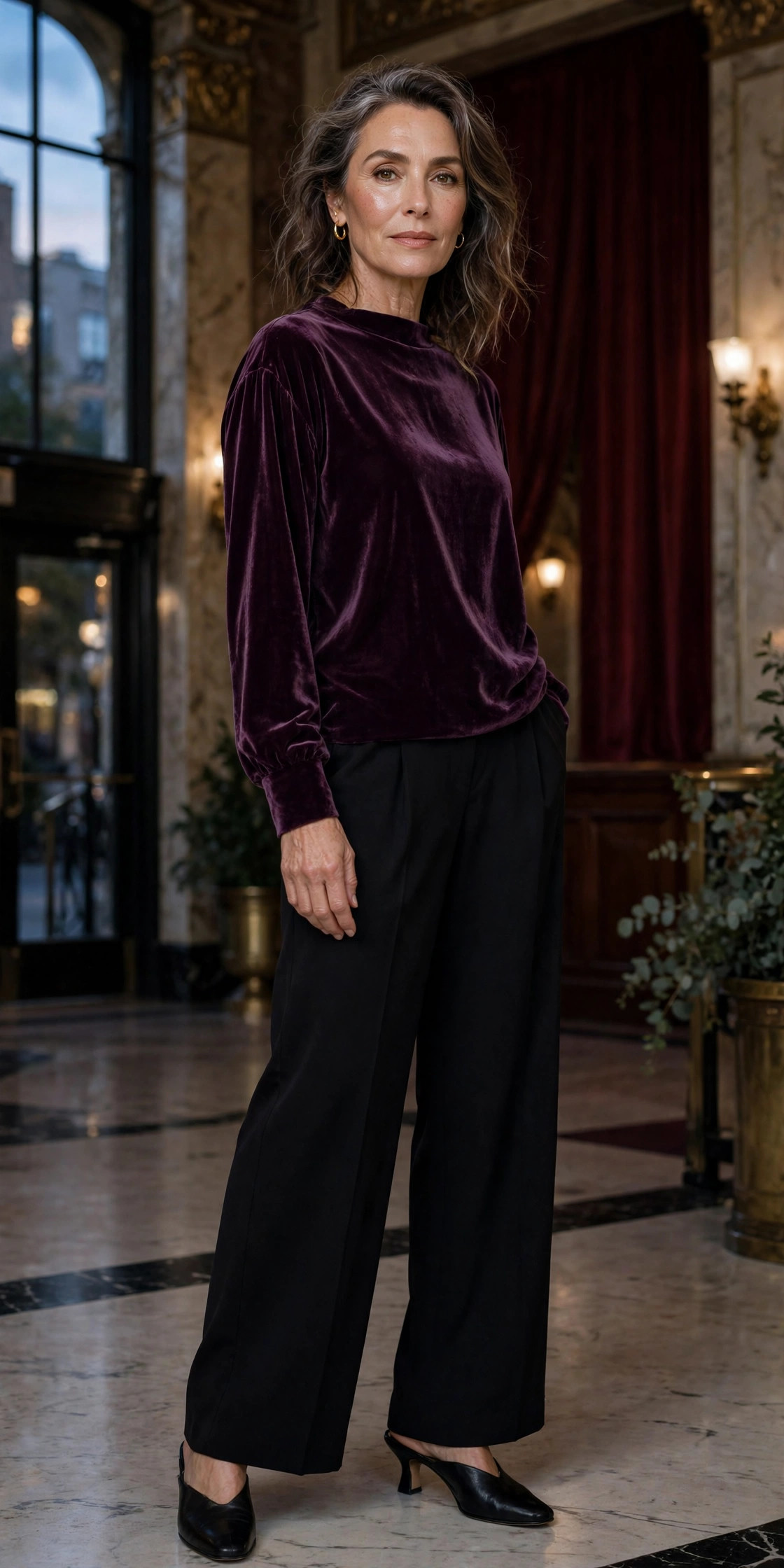 Woman over 50 in a plum velvet top with black wide-leg trousers at a theater