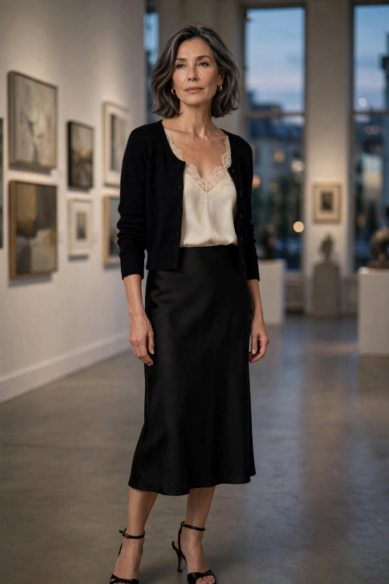 Woman over 50 in a black slip midi skirt with cream camisole at an art gallery