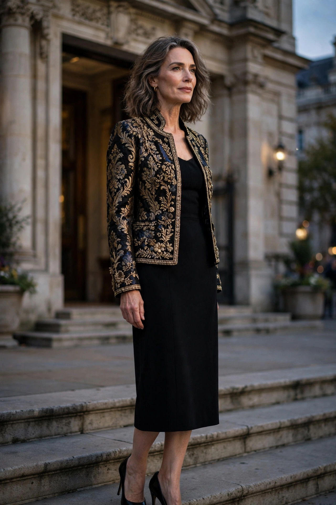Woman over 50 in a black sheath dress with a brocade statement jacket at a concert hall