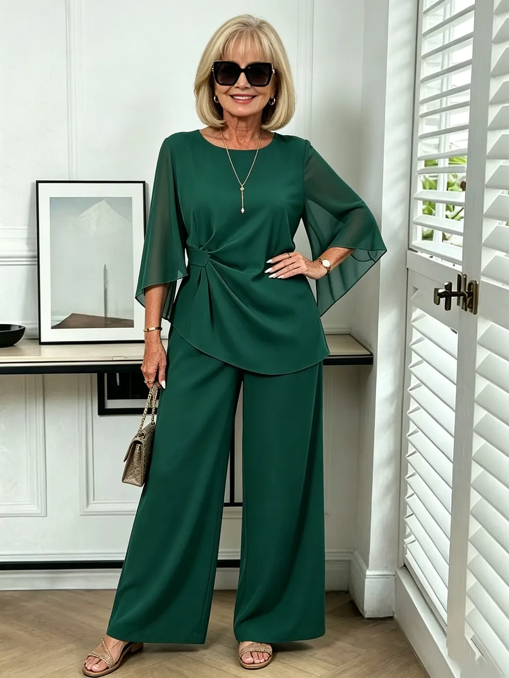 Woman over 60 wearing flutter sleeve blouse with wide leg trousers