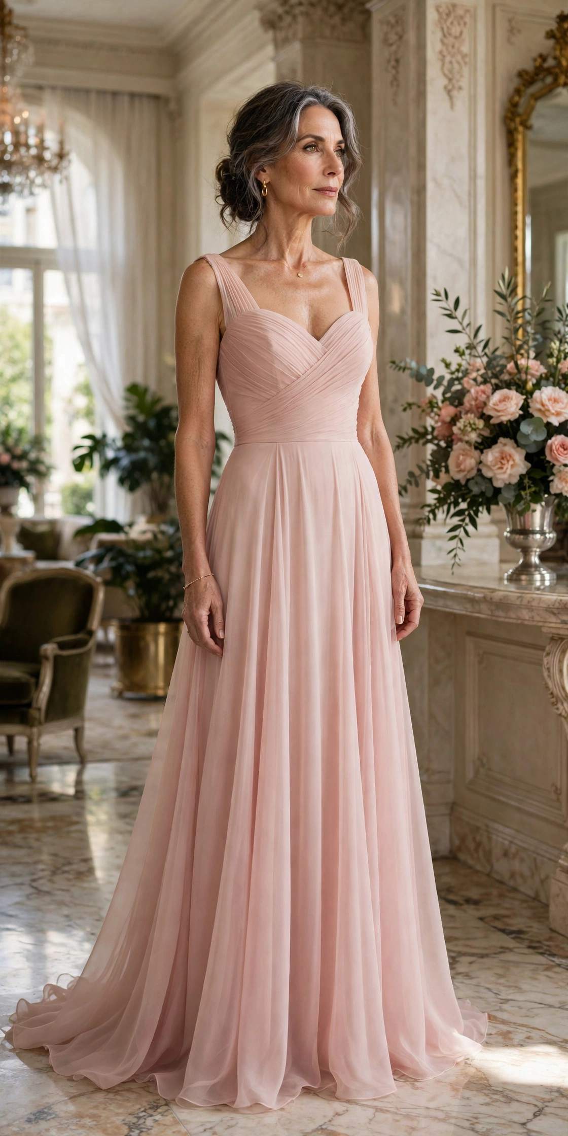 Elegant woman in her 50s wearing a blush A-line chiffon evening gown in a grand hotel lobby