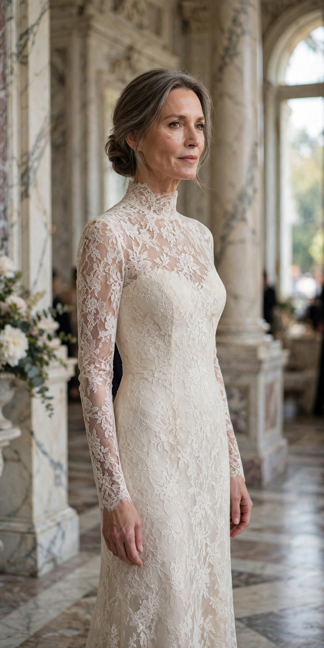Elegant woman in her 50s wearing an ivory lace column evening gown in a marble hall