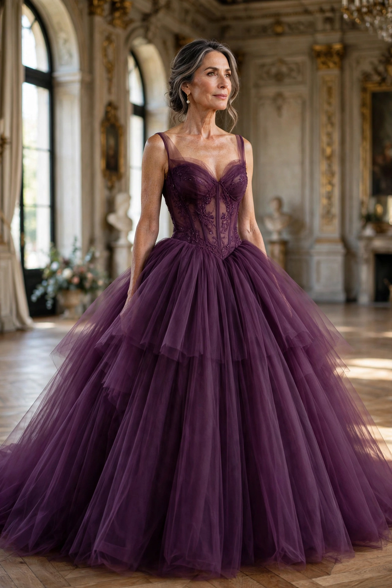 Elegant woman in her 50s wearing a plum tulle ball gown in a historic ballroom