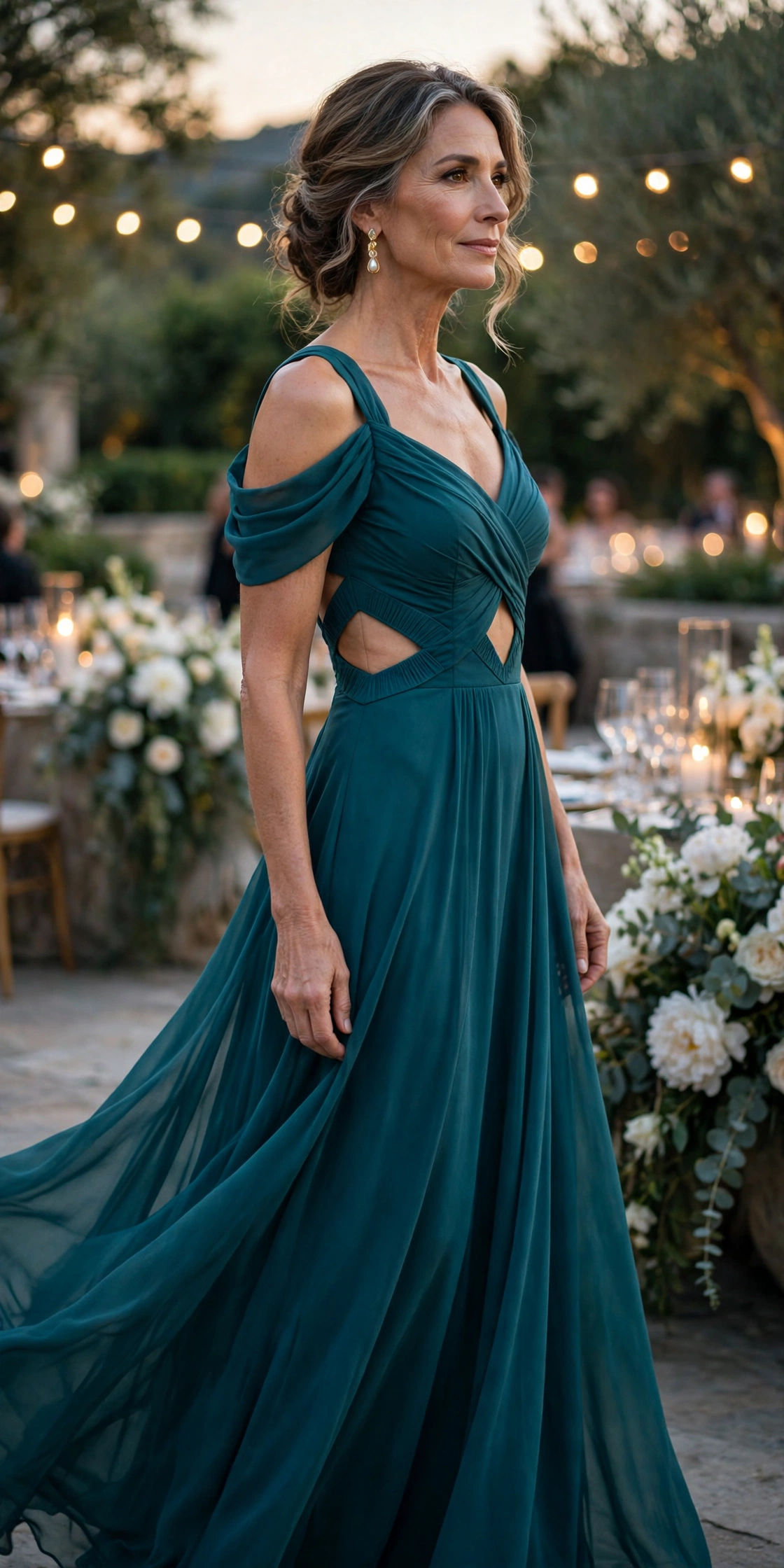 Elegant woman in her 50s wearing a teal cold-shoulder evening gown at an outdoor gala