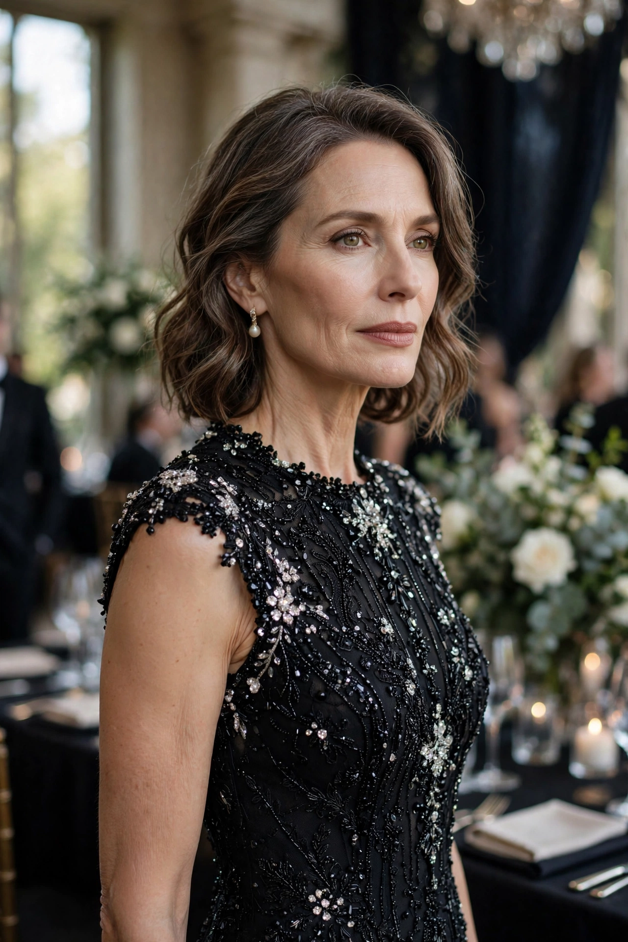 Elegant woman in her 50s wearing a black beaded sheath evening gown at a black-tie event
