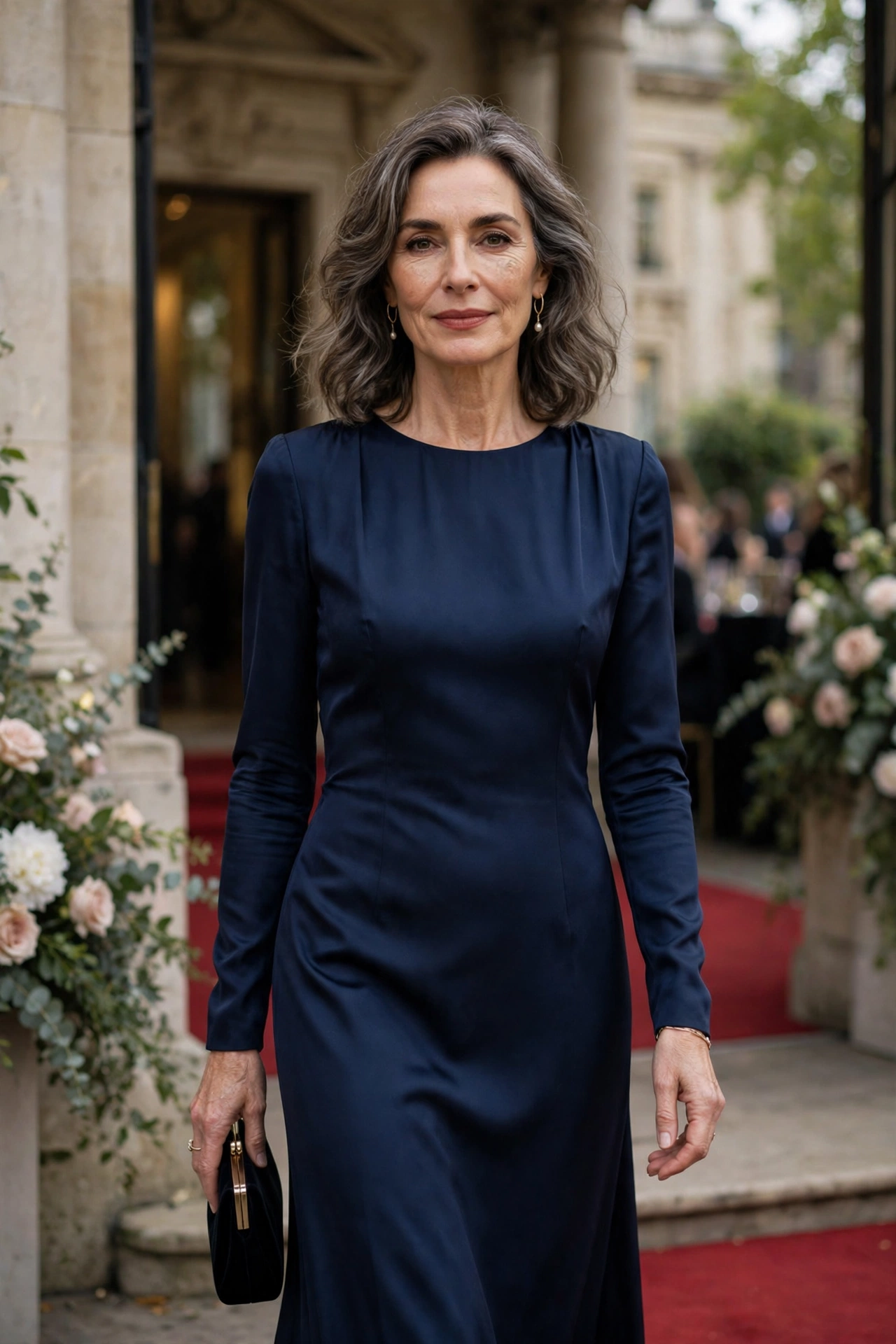 Elegant woman in her 50s wearing a deep navy long-sleeve evening gown at a gala entrance