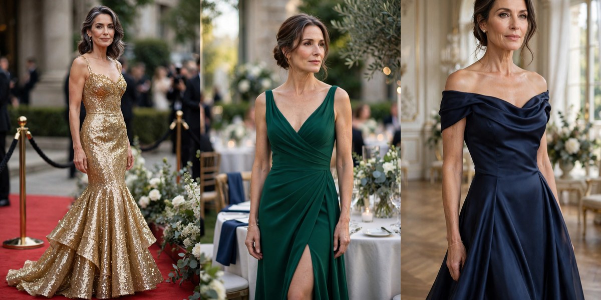 Three formal evening gowns for women over 50: sequin mermaid, emerald crepe, navy satin