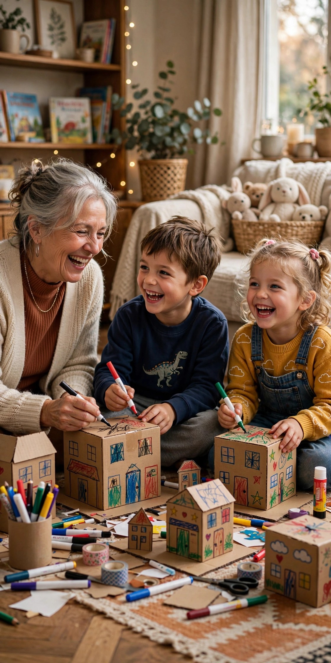 Grandmother and grandchildren building a cardboard box city in a living room