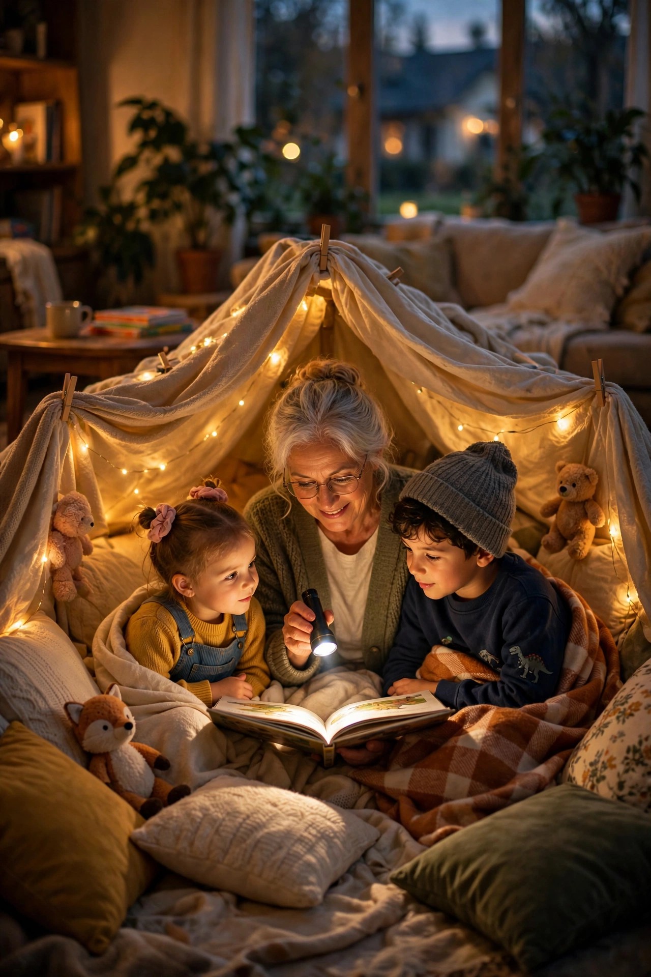 Grandmother reading by flashlight with grandchildren inside a blanket fort