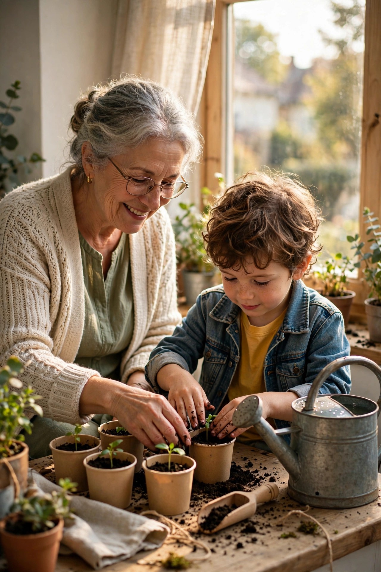 Grandmother and grandchild planting seedlings in paper cups on a windowsill
