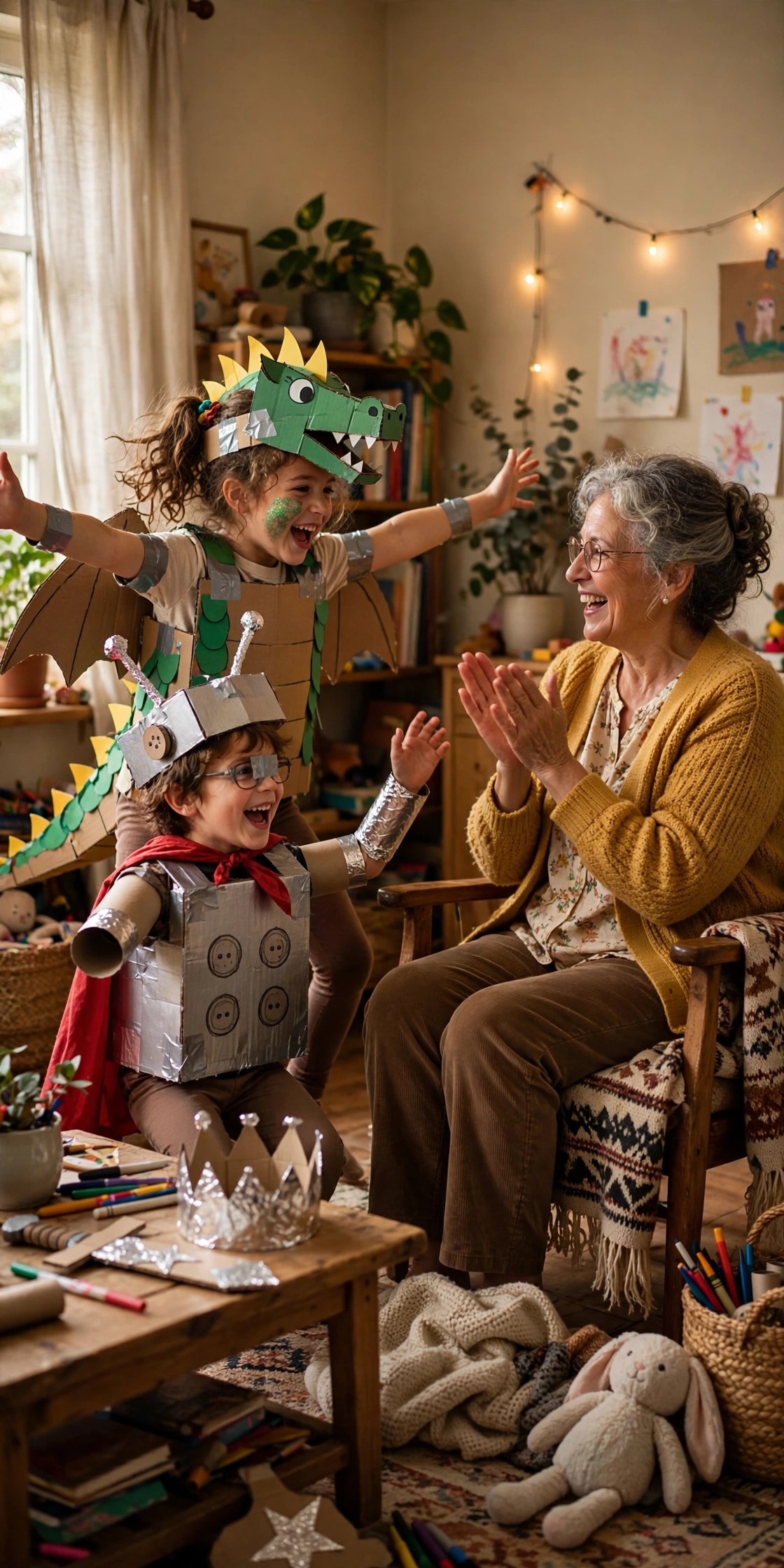 Grandmother applauding grandchildren performing a dress-up play in a living room