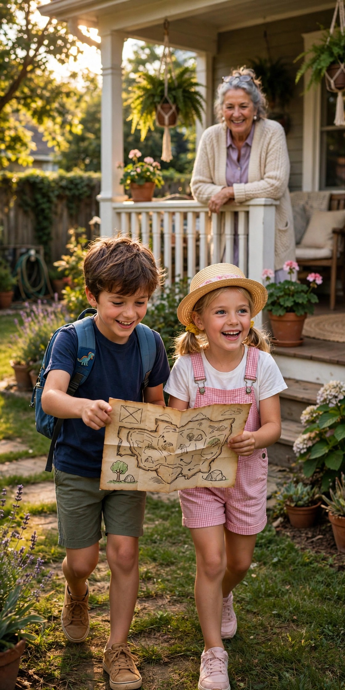 Grandchildren following a hand-drawn treasure map in a backyard, grandmother watching