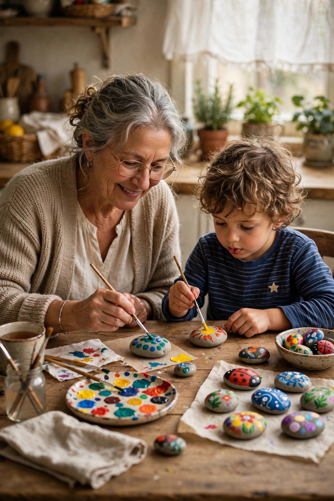 Grandmother and grandchild painting colorful story stones at a table