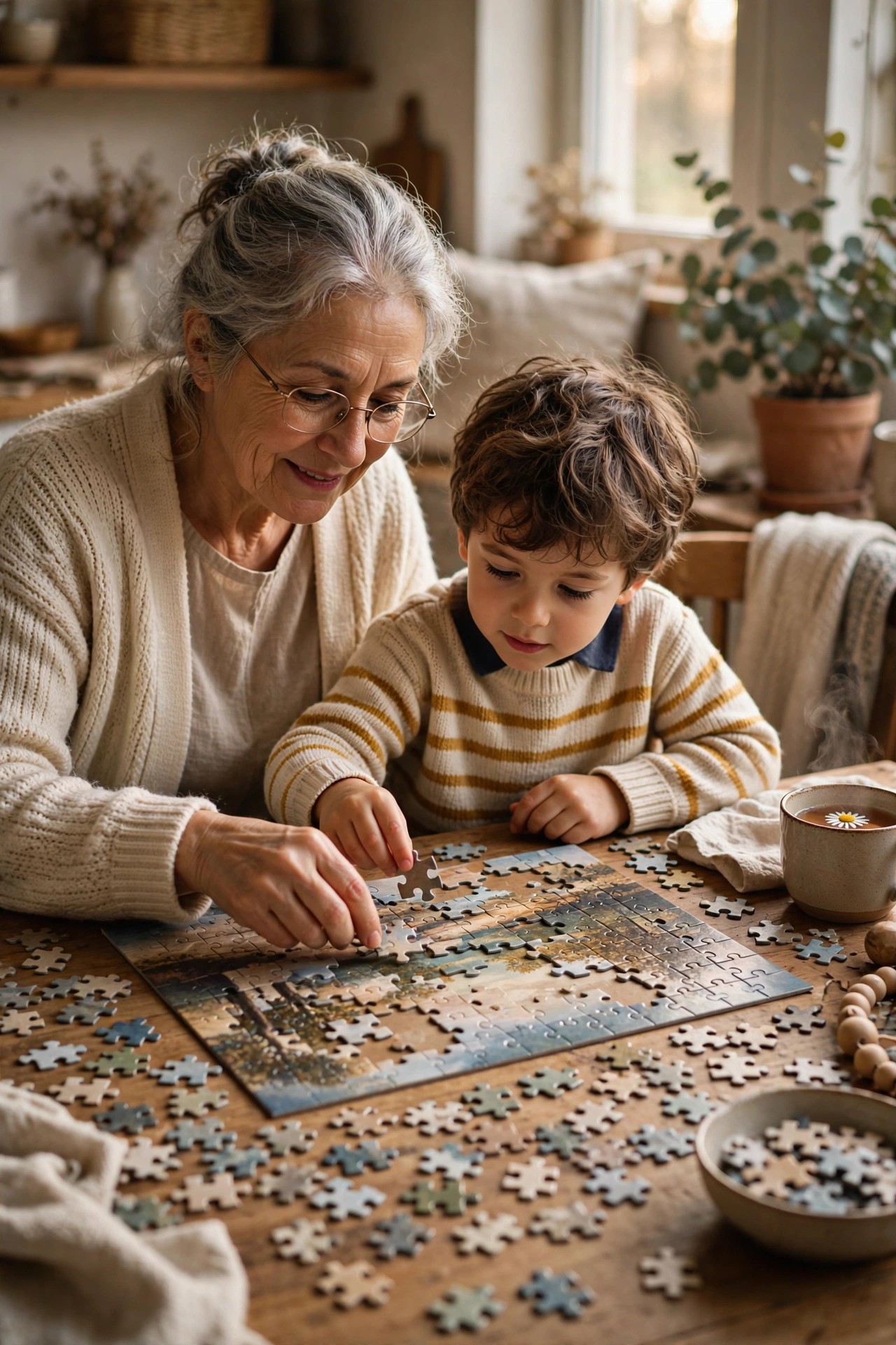 Grandmother and grandchild working on a large jigsaw puzzle together