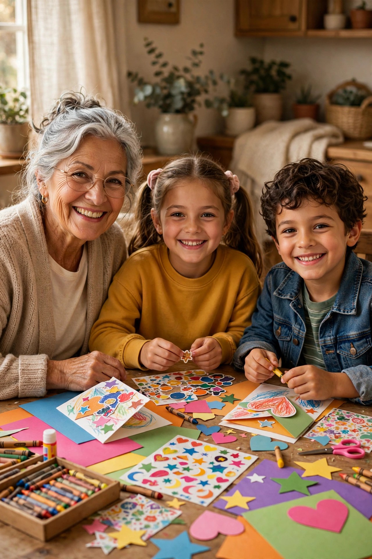 Grandmother and grandchildren making handmade greeting cards with crayons