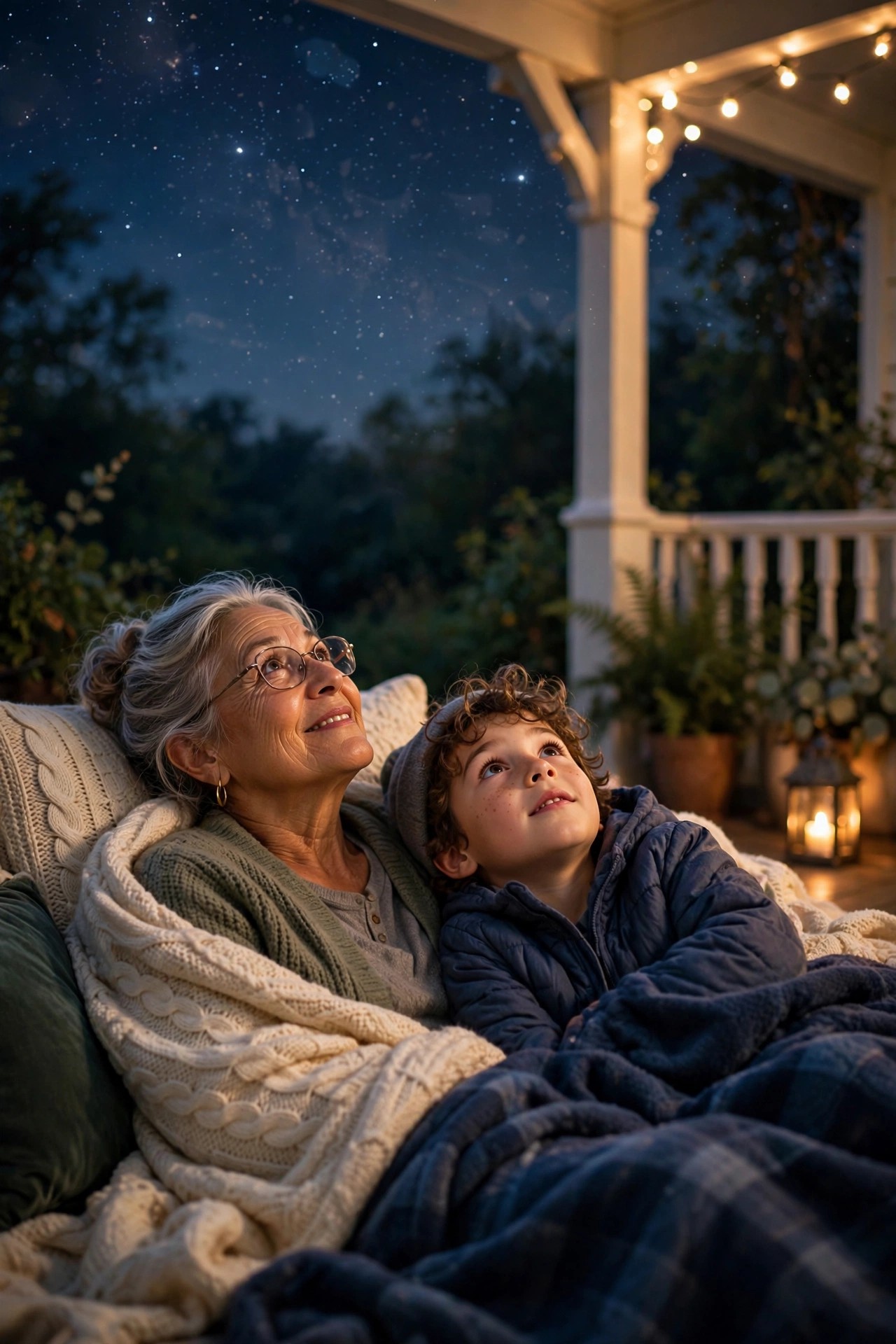 Grandmother and grandchild wrapped in blankets stargazing on a porch at night