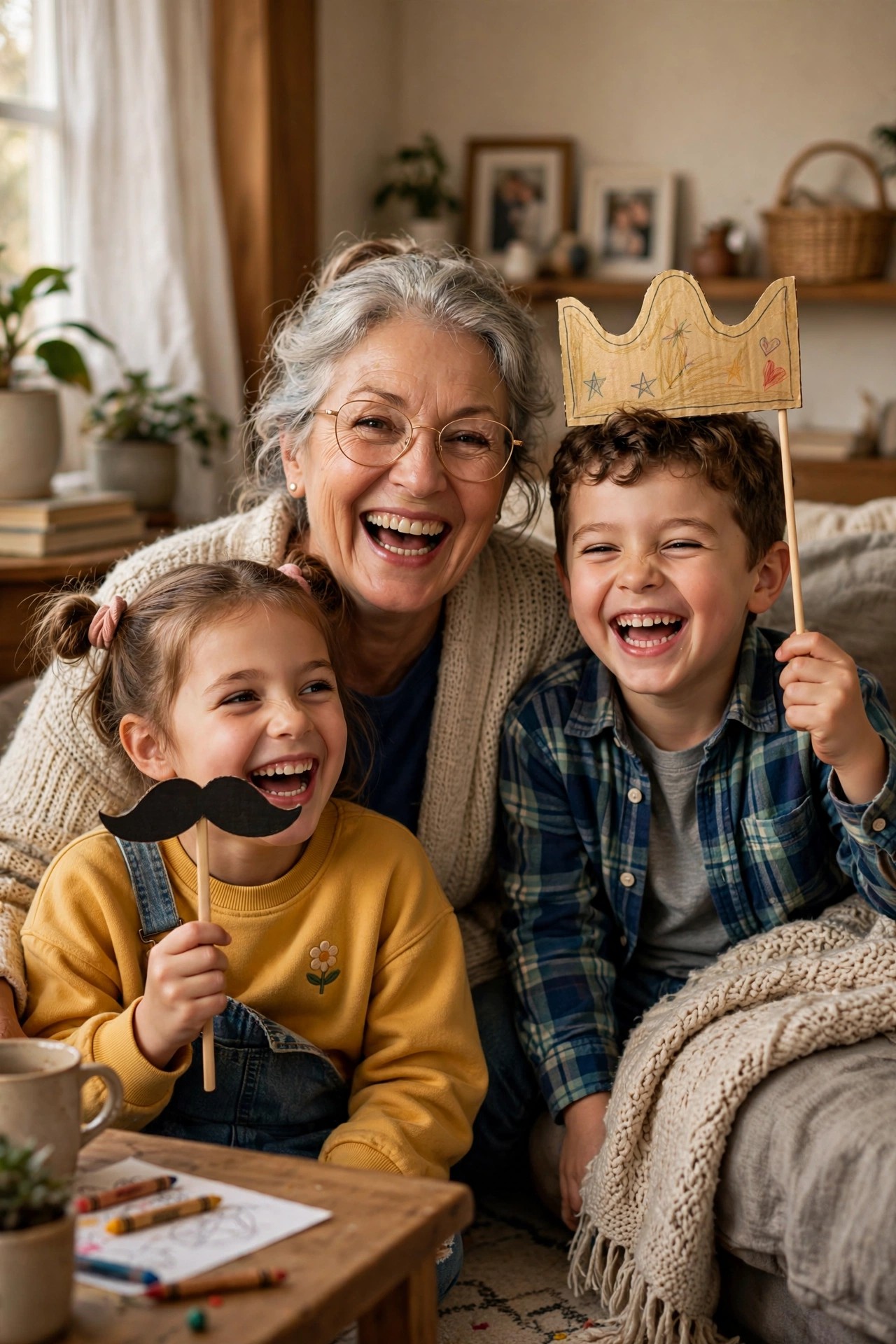 Grandmother and grandchildren posing with silly homemade photo props